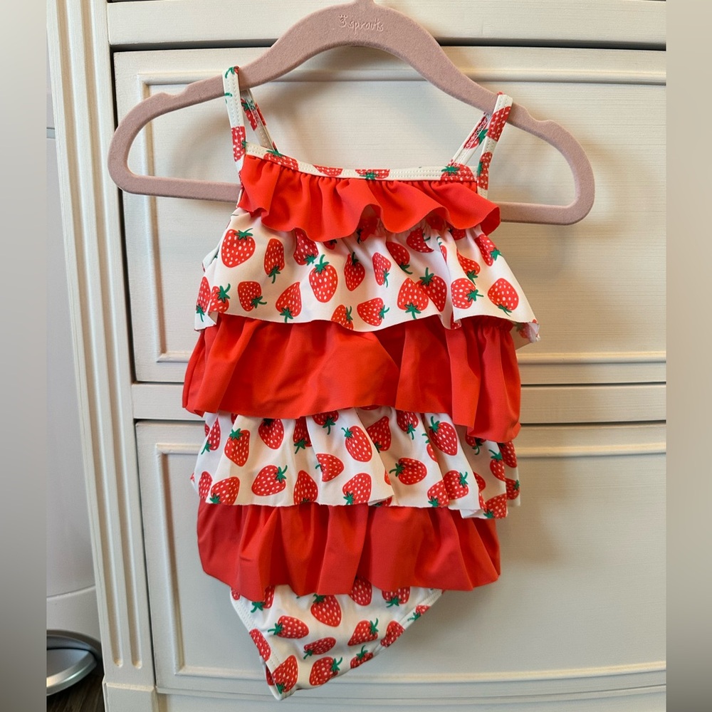 ini Boden Swimsuit Sunset Red Strawberries One Piece Ruffles Size 18-24 months